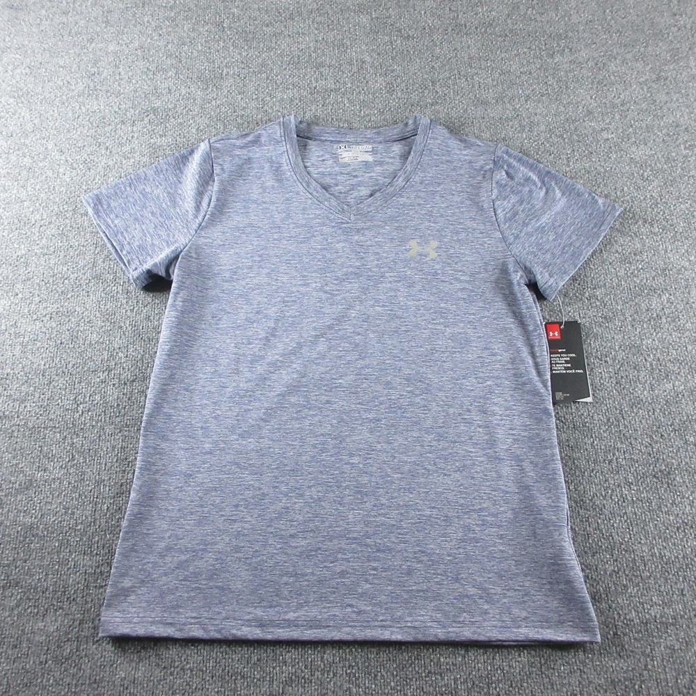Under Armour Shirt Womens XL Blue V Neck Short Sleeve Athletic HeatGear Logo Tee